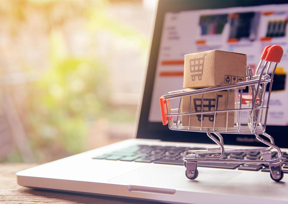 Laptop mit Einkaufswagen als Hinweis zum Onlinekatalog